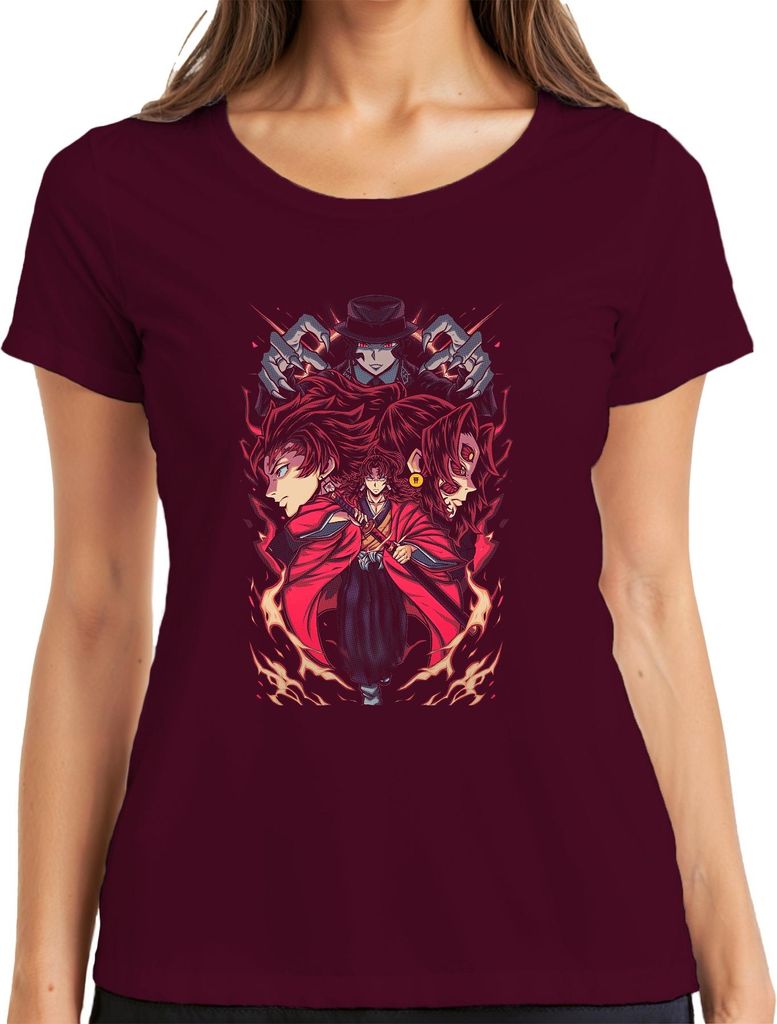 Samurai Katana Dämonenjäger Feuer Maske Anime Manga düster Damen T-Shirt, Burgundy, S