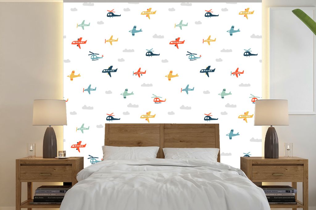 MuchoWow Fototapete für Wohnzimmer oder Schlafzimmer Wandtapete Vinyl Motivtapete Schnittmuster - Hubschrauber - Flugzeug - Jungen - Kinder - Ki...