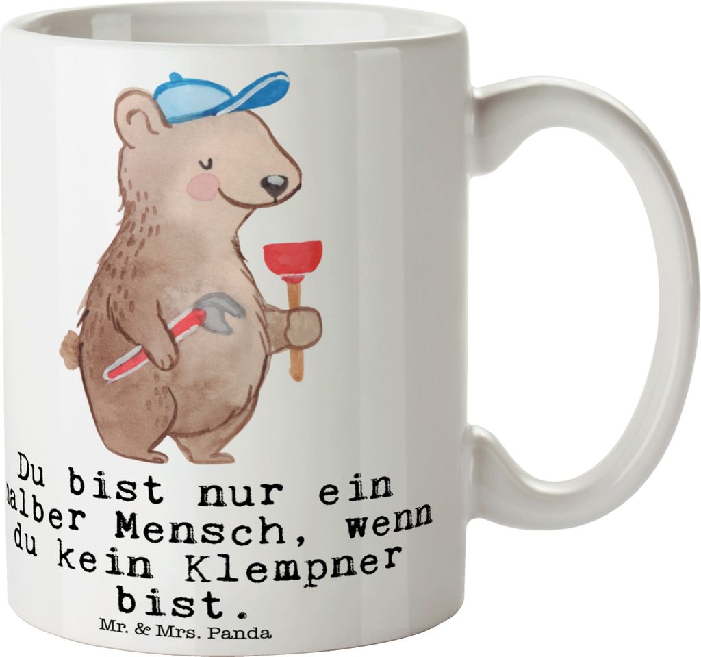 Mr. & Mrs. Panda Tasse Klempner Herz - Weiß - Geschenk, Spruch, Installateur, schöne, Teetasse, Handwerker, Lustig, Becher, Kaffeebecher, Kaffeet...