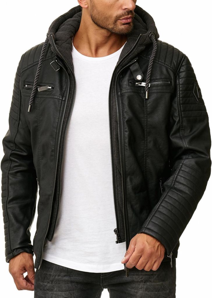 Red Bridge Herren Kunst- Lederjacke Kunstleder Bikerjacke mit Sweat- Kapuze Two in One Schwarz M