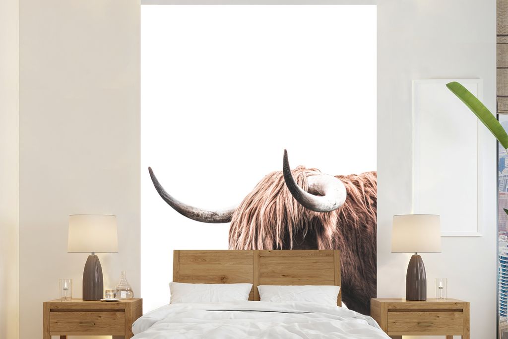 MuchoWow Fototapete für Wohnzimmer oder Schlafzimmer Wandtapete Vinyl Motivtapete Schottischer Highlander - Tiere - Weiß - 145x220 cm - Wanddek...