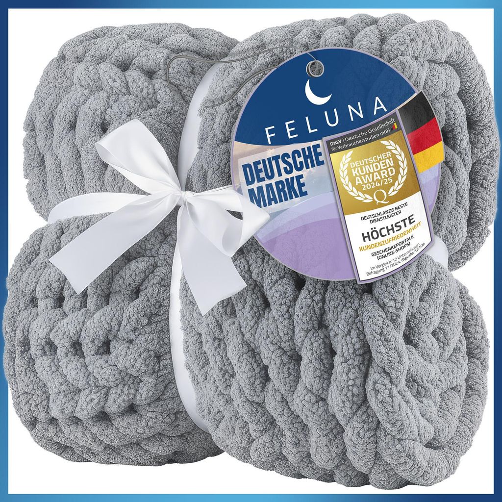 Feluna Grobmaschige Wohlfühldecke in L Hellgrau – Chunky Knit Strickdecke als Kuscheldecke für Sofa, Couch & Bett – Weiche Wohndecke
