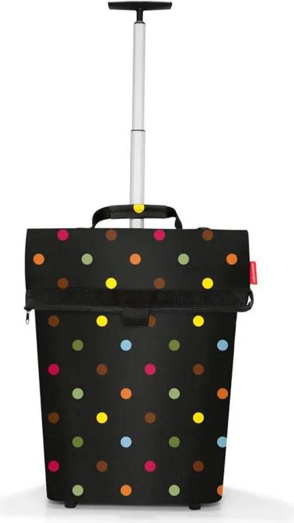 A black shopping trolley with colorful polka dots and a retractable handle.
