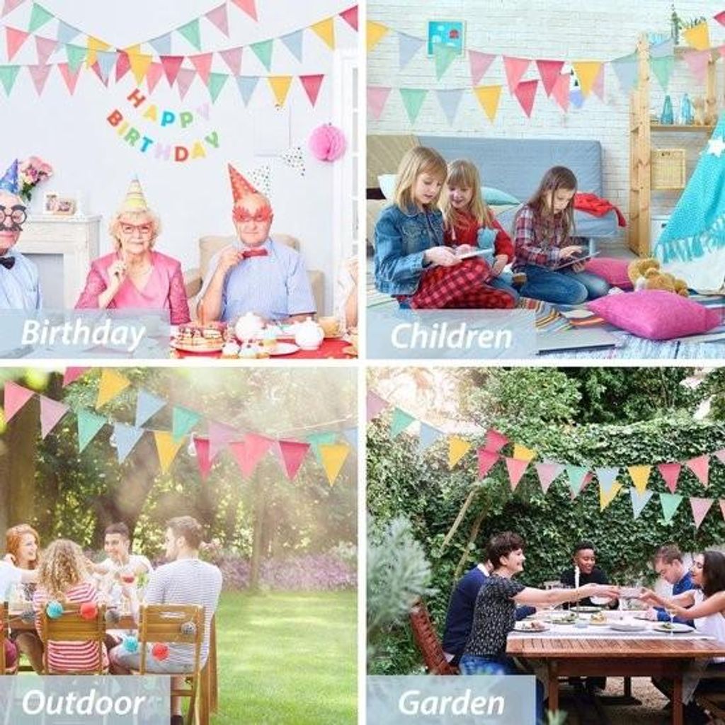 Mrs. Jones Premium Collection Wimpelkette - 12 m - 36 Wimpel - Wetterfest - Regenbogen-Dekoration - Matschküche - Geburtstag.