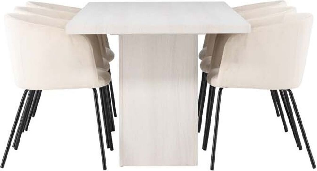 Olga Essgruppe Tisch weiß und 6 berit Stühle beige.