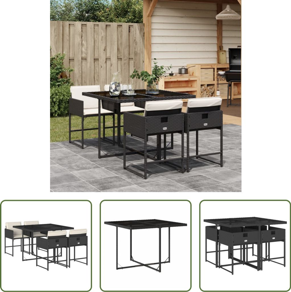 The Living Store 5-tlg. Garten-Essgruppe mit Kissen Schwarz Poly Rattan