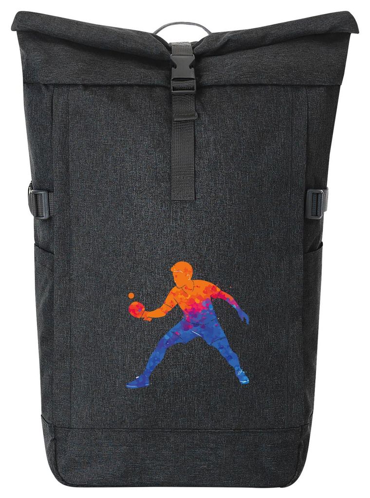 Huuraa Kurierrucksack Tischtennis bunte Silhouette 30-44 Liter Black Melange Fairtrade Rolltop Rucksack Geschenkidee