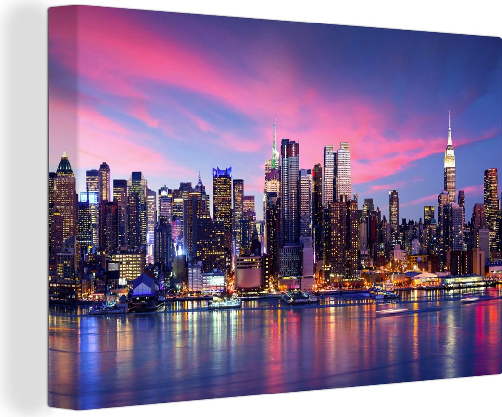 OneMillionCanvasses - Leinwandbilder - 150x100 cm, Skyline - Wasser - Rosa - New York, Wandbilder Kunstdruck Wanddekoration - Foto auf Leinwand -...