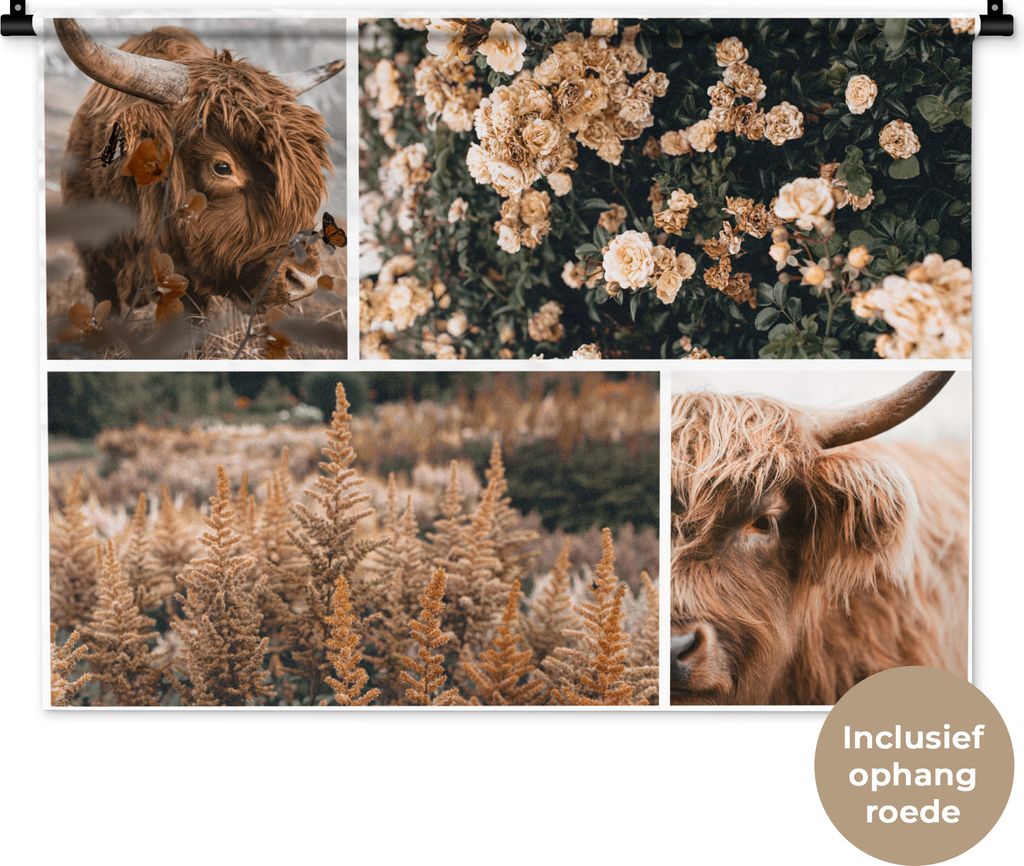 MuchoWow Wandteppich Wandbehang Scottish Hochlandrind - Blumen - Pflanzen 90x67.5 cm Tapisserie Dekoration Wandtuch - Fototeppich - Wand-Skulpturen