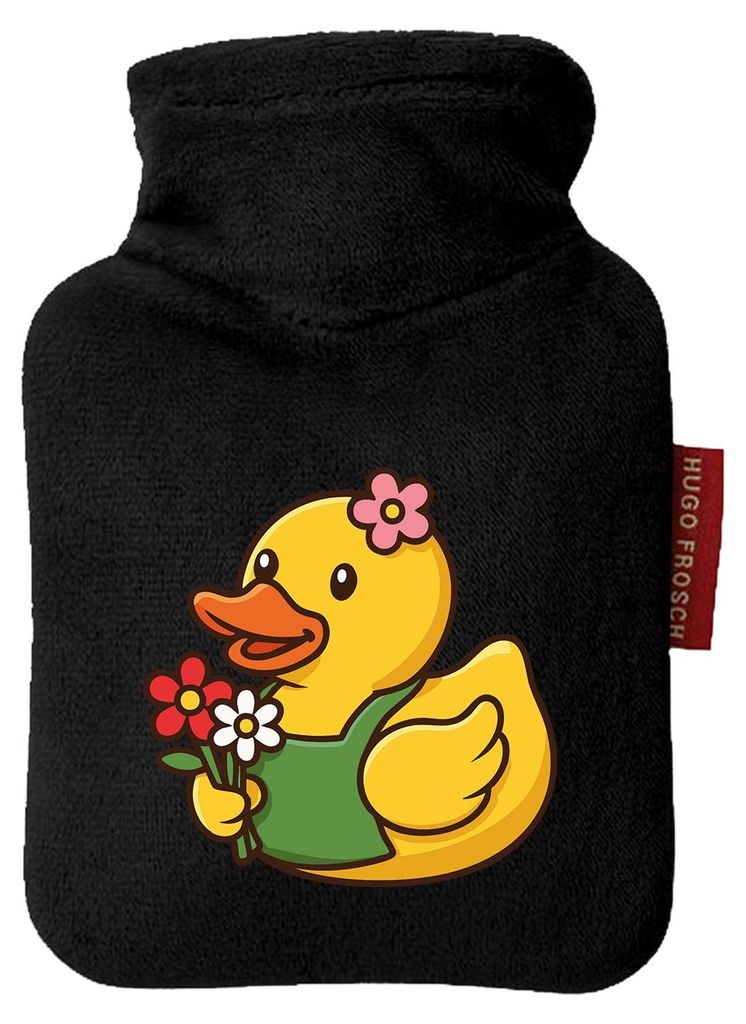 Huuraa Mini-Wärmflasche Quietscheente Floristin Gummiente Gärtnerin 0,2 Liter Black Mini Veloursbezug Taschenwärmer Geschenkidee