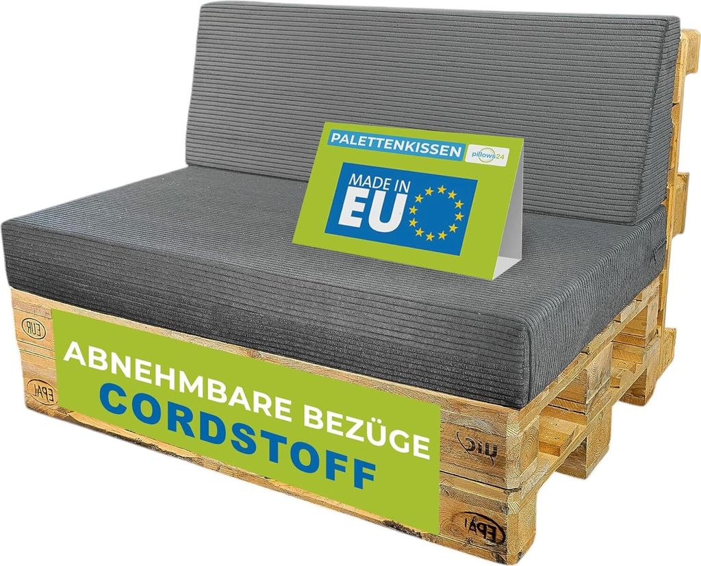 A dark gray cushion set for a pallet sofa, with a "Made in EU" sign.