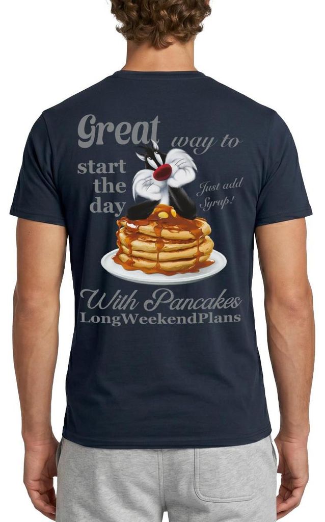 Spreadshirt Looney Tunes Pancakes Mit Spruch Und Sylvester Cat Männer T-Shirt, L, Navy