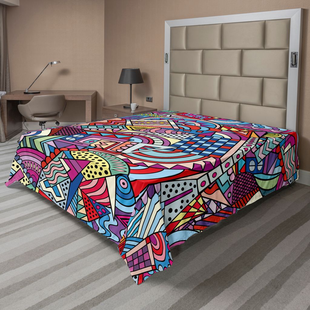 ABAKUHAUS Psychedelisch Bettlaken, Bunte Funky Art 90er Jahre Glasmalerei Stil Dreieck Quadrate Modernes Muster, weiches bequemes oberes Bettlaken ...