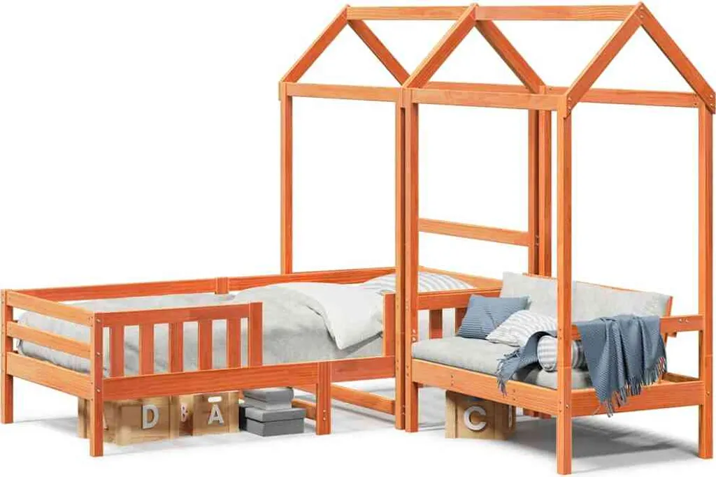 Lit enfant cabane en bois massif orange avec toit et banc intégré