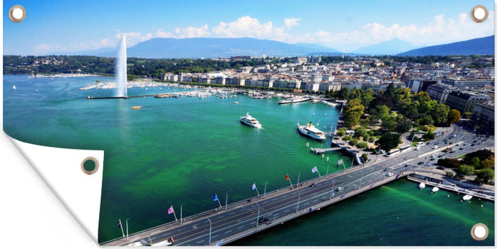 MuchoWow 80x40 cm Outdoor-Poster Gartendeko Sichtschutz Garten Poster für den Garten Wunderschöne Luftaufnahme des Genfer Sees und des Brunnens