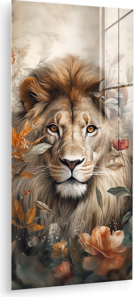 MuchoWow Glasbilder - Bilder auf Wandbild - Foto auf Glas Löwe - Wildtiere - Pflanzen - Natur - Blumen 40x80 cm Wanddekoration aus Glas - Acrylgla...