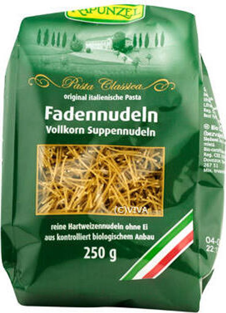 A bag of Rapunzel Faden Suppennudeln Vollkorn pasta.
