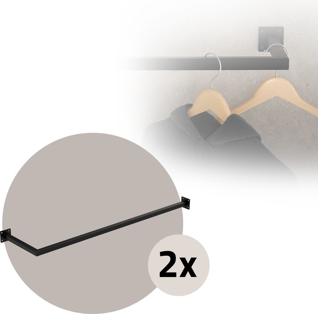 ML-Design 2er Set Kleiderstange Übereck für die Wand, 30x110 cm, Schwarz, aus Stahl, Garderobenstange L-Form, inkl. Montagematerial