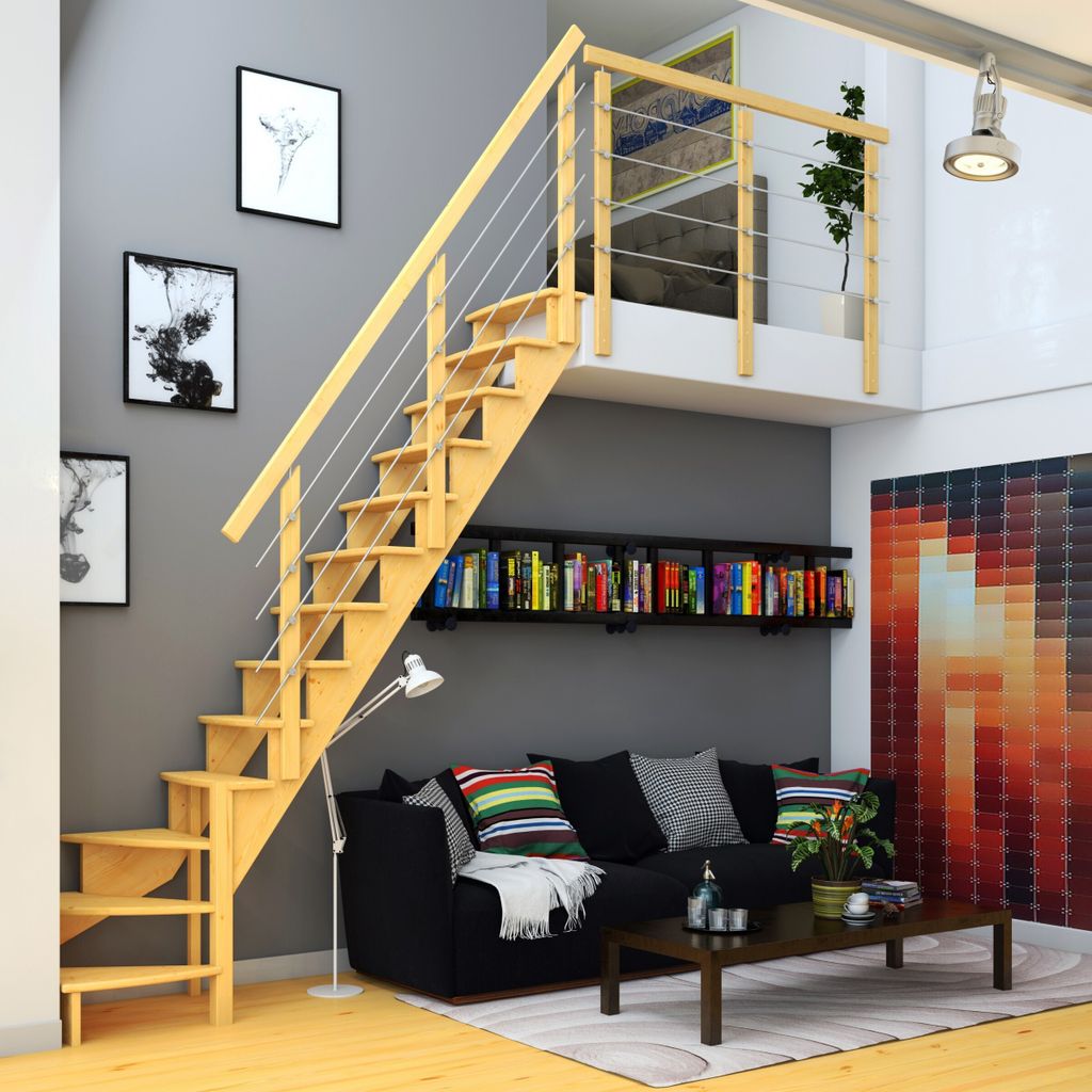 Dolle Raumspartreppe Lyon inkl. einseitigem Geländer Kiefer versiegelt Treppenlauf 1/4 gewendelt unten rechts 65cm breit Edelstahlrohre