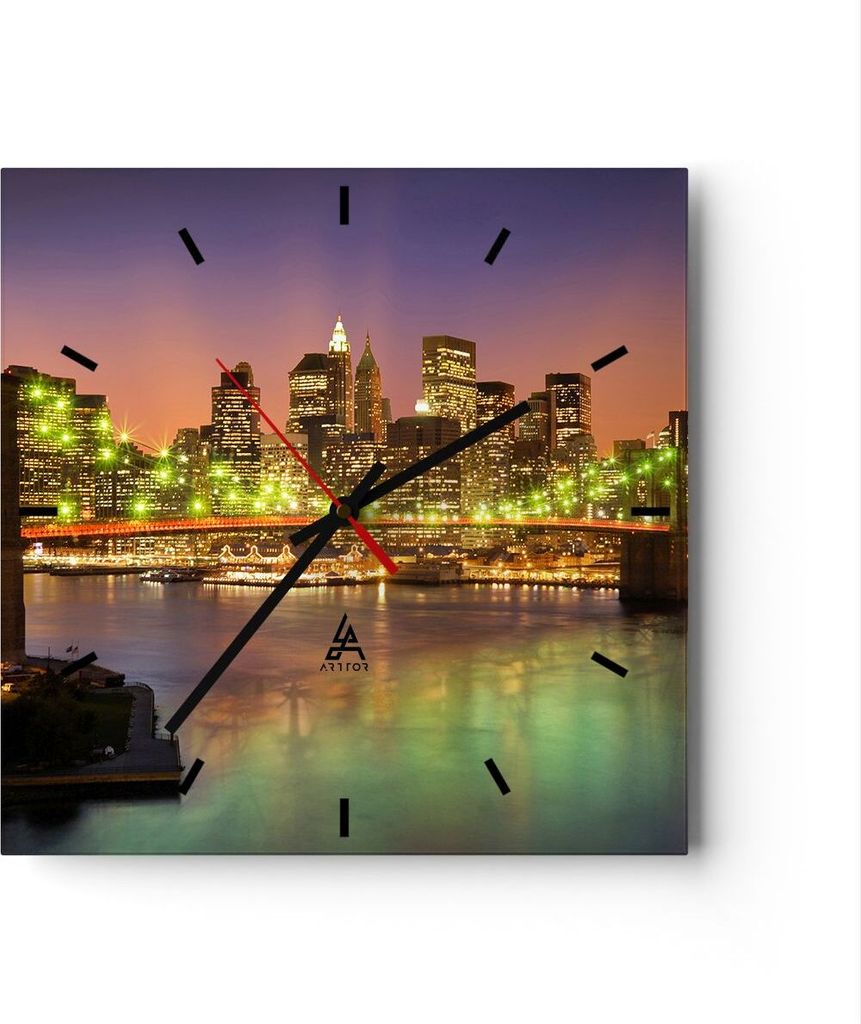 Wanduhr - Quadrat - Glasuhr - New York Brücke - 30x30cm - Schleichendes Uhrwerk - Lautlos - zum Aufhängen bereit - Dekoration Modern - Wanddekora...