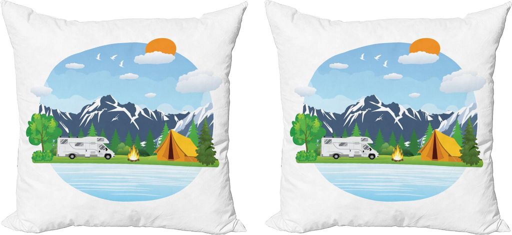 ABAKUHAUS Wohnmobil Kissenbezug Set (2Stück), Forest Camping Illustration mit Bergen Summertime Aktivitäten Weekend Holiday, 40 x 40 cm, Mehrfarbig