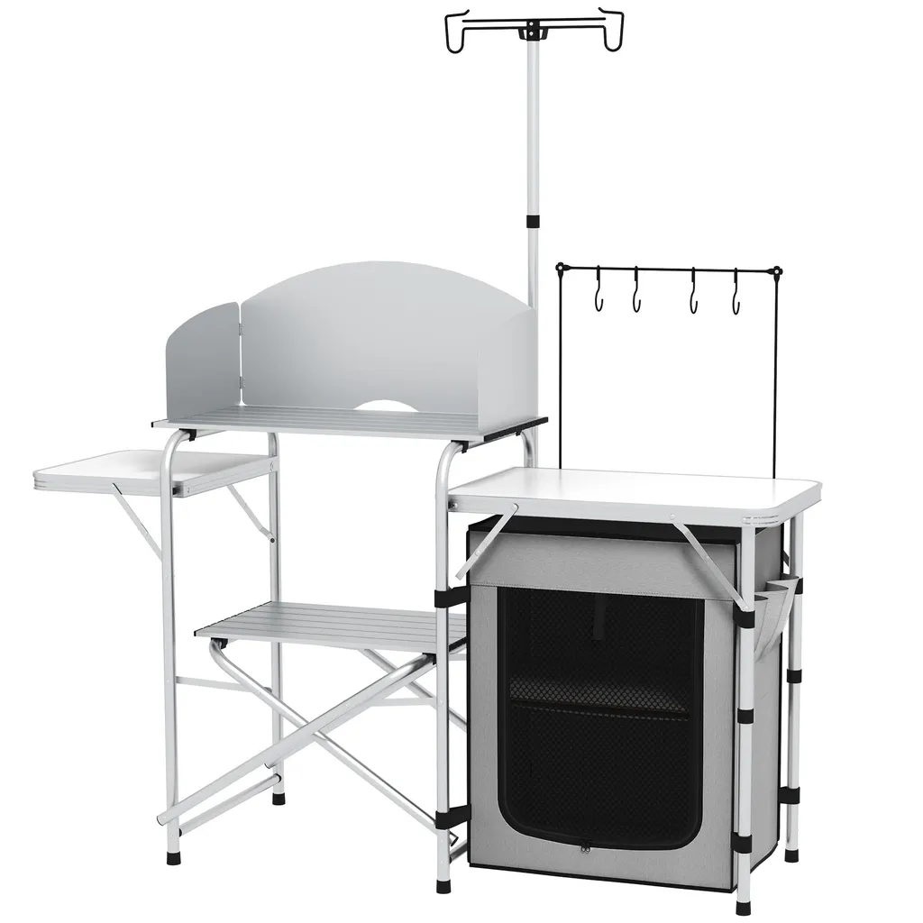 Meuble de cuisine d'extérieur pliable avec placard et support d'éclairage