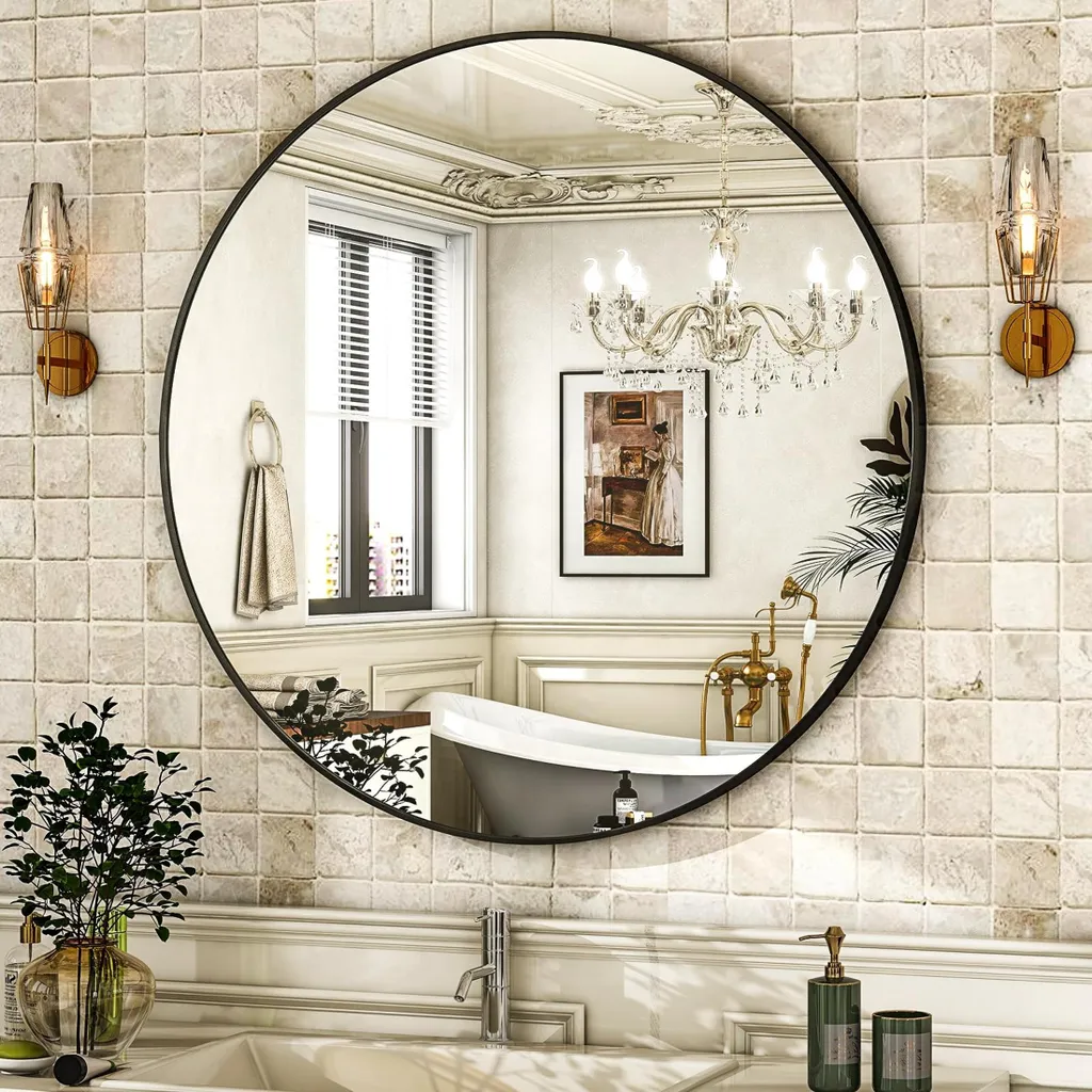 Specchio Da Parete Rotondo Angolare 76x122 Cm – Cornice In Lega Di Alluminio Nero – Installazione Orizzontale O Verticale
