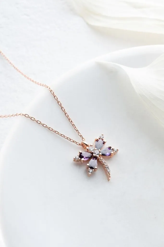 Collier Libellule en Argent Sterling 925 et Zircon Violet Brillant