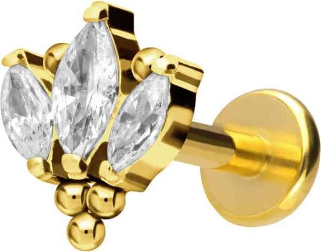 Ohrpiercing, Nasenpiercing Titan Labret mit Push Fit LOTUSBLÜTE + KUGELN Gold Stablänge: 7mm | Stabstärke: 1,2mm