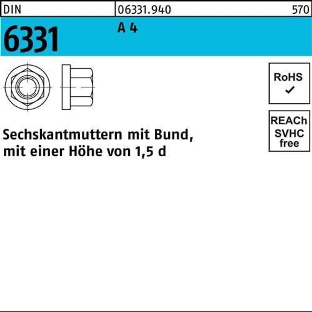 Sechskantmutter DIN 6331 m.Bund M 10 SW 16 A 4