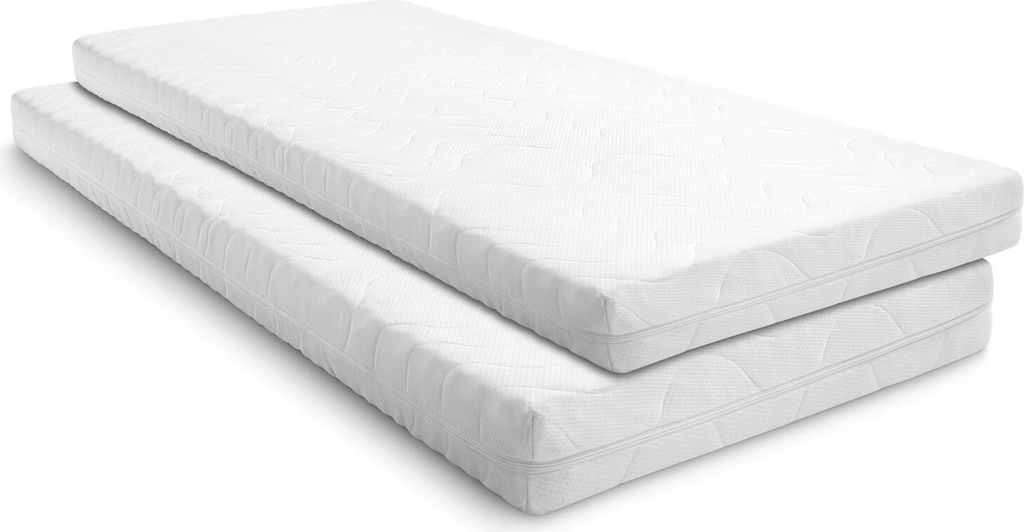 Two white mattresses are stacked on top of each other against a white background.