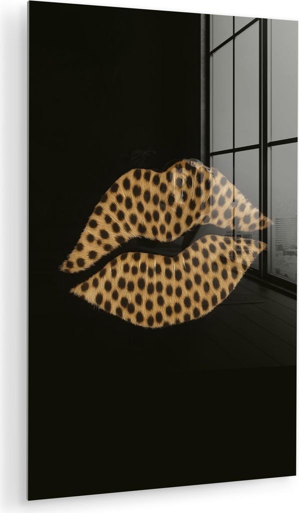 MuchoWow Glasbilder - Bilder auf Wandbild - Foto auf Glas Lippen - Schwarz - Pantherdruck 20x30 cm Wanddekoration aus Glas - Acrylglasbild - Acrylb...