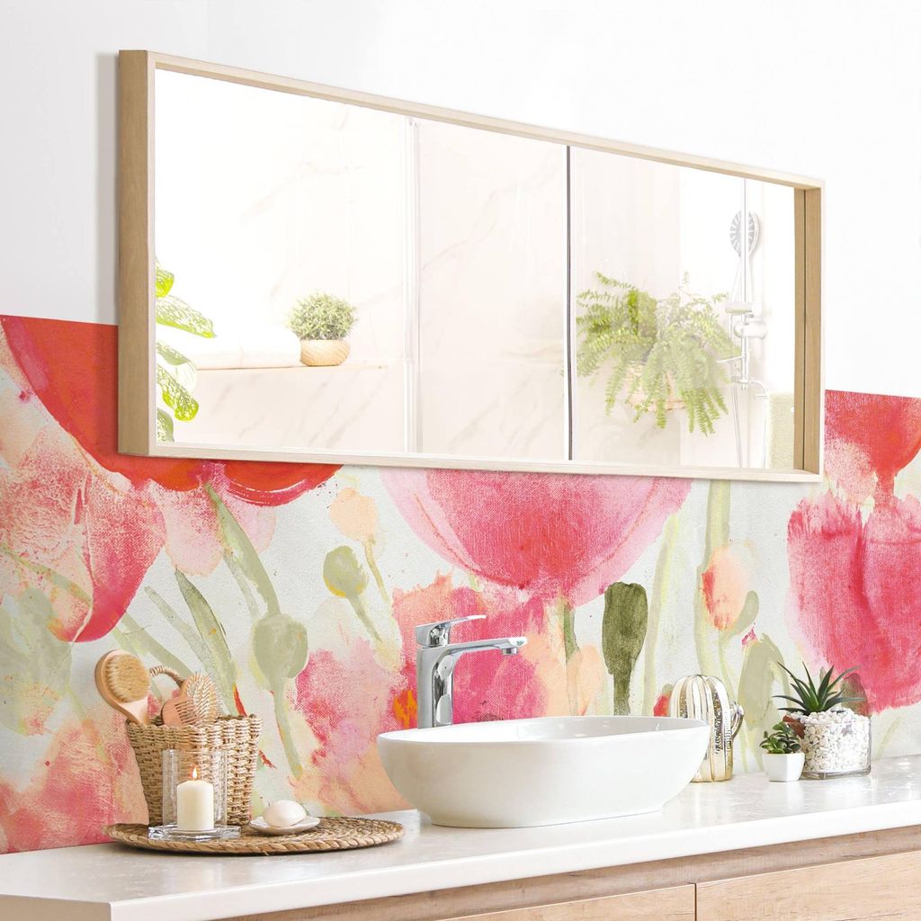 Wandverkleidung Bad Blumen selbstklebend - 0.61 mm Wandpaneel matt wasserfest Mohnblume rot Aquarell Badrückwand fugenlos 140x40 cm
