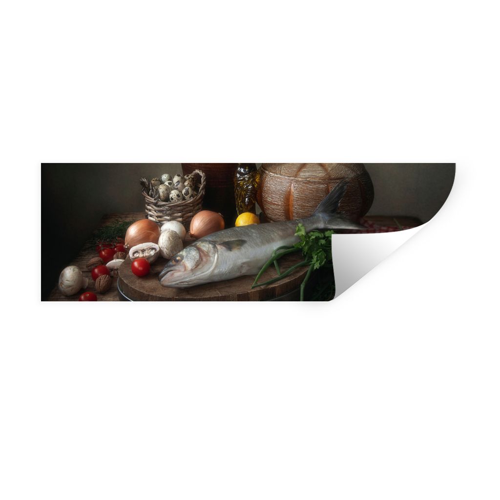 MuchoWow Wandtattoo Wandsticker Wandaufkleber Rustikal - Fisch - Stilleben - Gemüse - Kräuter 60x20 cm Selbstklebend und Repositionierbar - Fal...