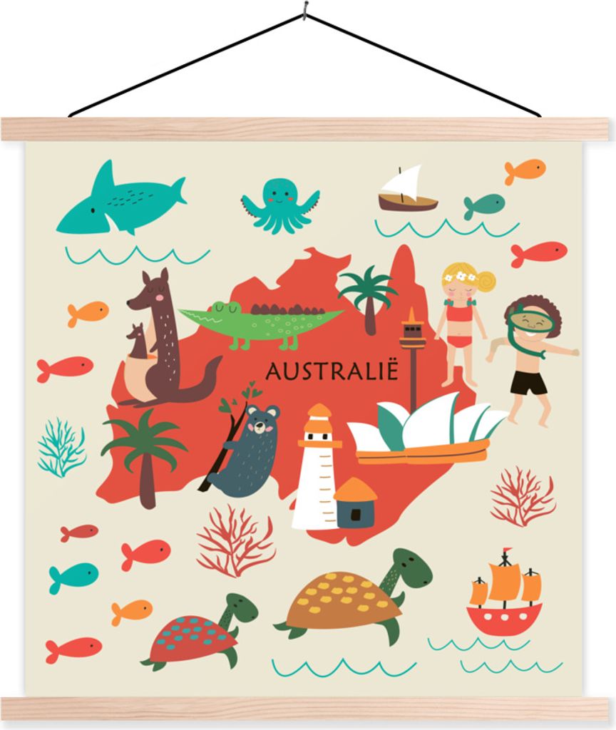 MuchoWow Textilposter Weltkarte Kinder - Australien - Rot 60x60 cm mit holzfarbenen Rahmen - Wanddekoration