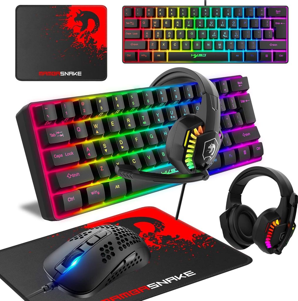 Gaming-Tastatur, 60% kabelgebunden, kompakt, 61 Tasten, 11 RGB-Lichteffekt mit vollen Tasten, Anti-Ghosting, kabelgebundene Gamng-Maus, 2400 DPI