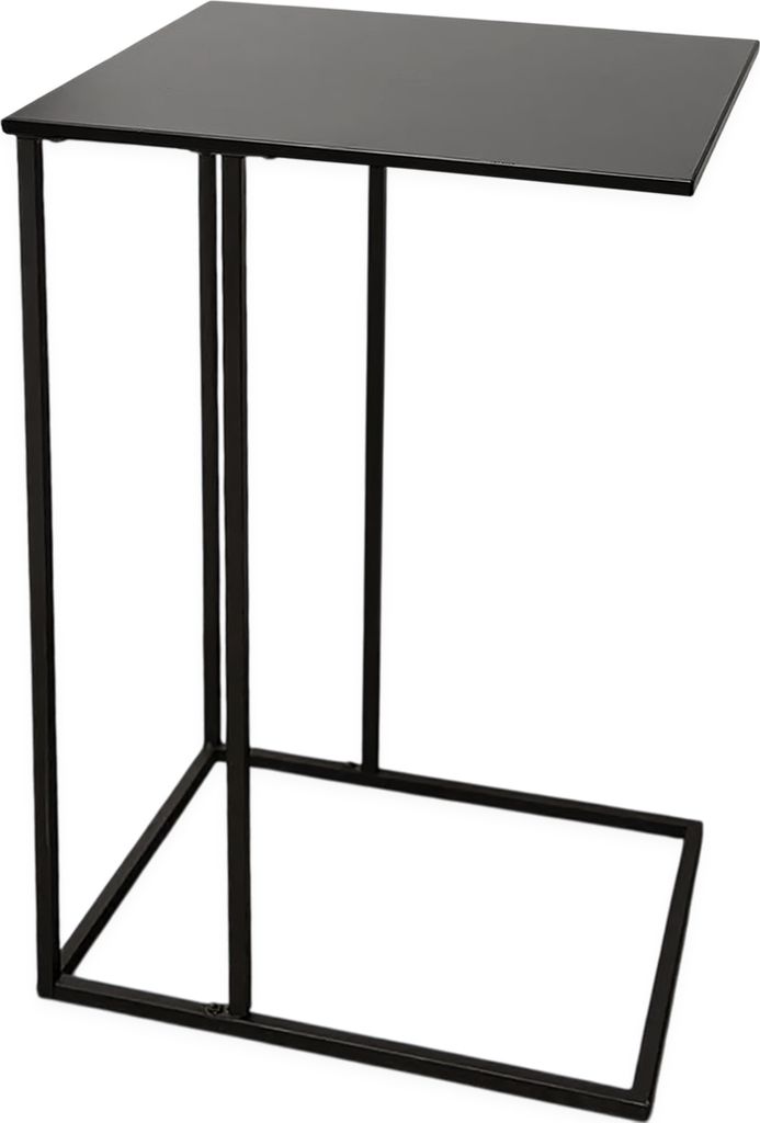A black metal side table against a white background.