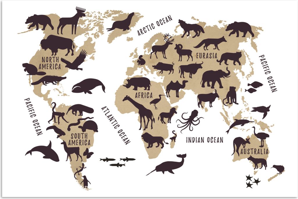 MuchoWow Poster Weltkarte - Braun - Tiere 120x80 cm - Bilder
