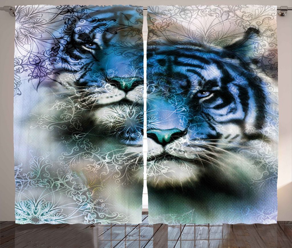 ABAKUHAUS Tier Rustikaler Gardine, Safari Tigers, Schlafzimmer Kräuselband Vorhang mit Schlaufen und Haken, 280 x 175 cm, Schwarz Weiß Blau