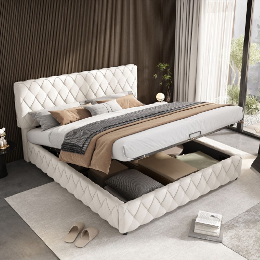 AIORBER Polsterbett, Doppelbett, 160x200 cm, mit Lattenrost (ohne Matratze), Samt, dickes Kopfteil, gewebte Elemente, hydraulisches Bett mit Stauraum