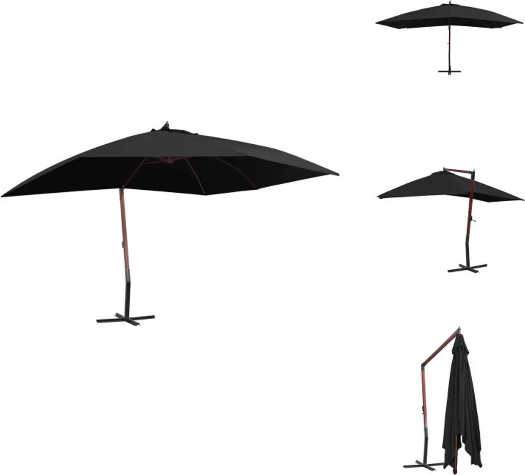 Grand Parasol Rectangulaire 4x3m Noir avec Structure en Bois Naturel