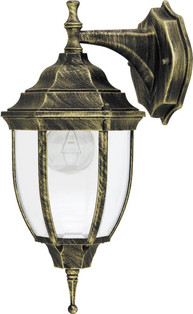 A classic outdoor wall lantern with a gold and bronze finish.