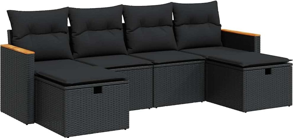 vidaXL 6-tlg. Garten-Sofagarnitur mit Kissen Schwarz Poly Rattan