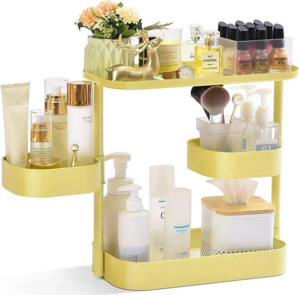 Présentoir cosmétique rotatif 3 étages jaune en métal pour coiffeuse
