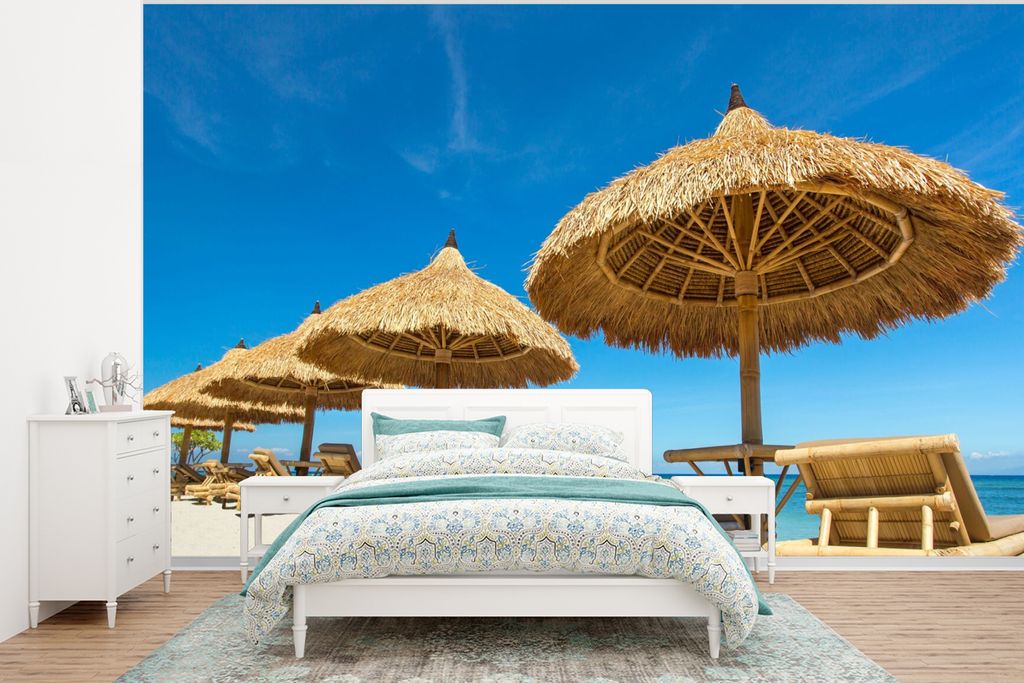 MuchoWow Fototapete für Wohnzimmer oder Schlafzimmer Wandtapete Vinyl Motivtapete Strandkorb - Strand - Sonnenschirm - Meer - Sommer - 320x240 c...