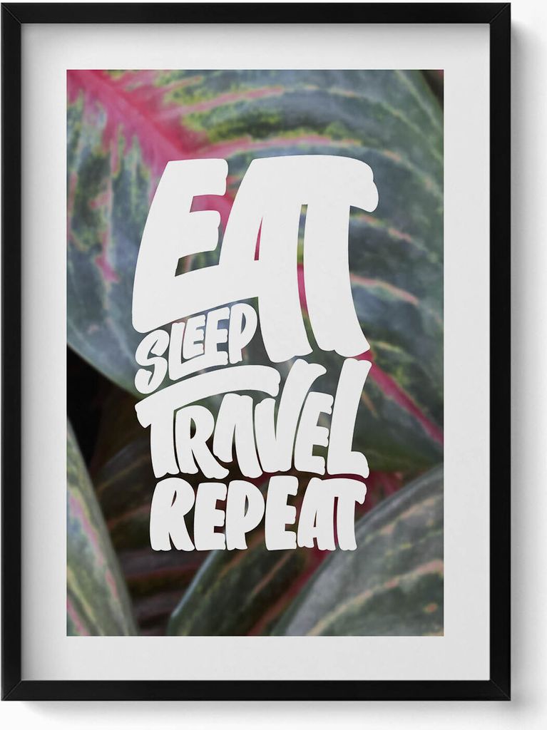 Inspirierende Bildunterschrift „Eat sleep travel repeat“ (Essen, schlafen, reisen, wiederholen)– Wandbild mit Rahmen – Gerahmtes Bild – W...