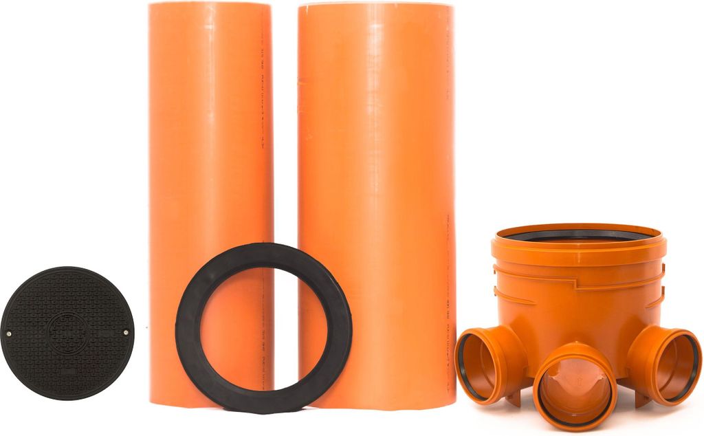 KG Schacht Abwasserschacht DN 400 Schachtboden 3x160/1x160 - Rohr DN400, DN315 - Deckel DN315 - Kanal Entwässerung Komplett SET