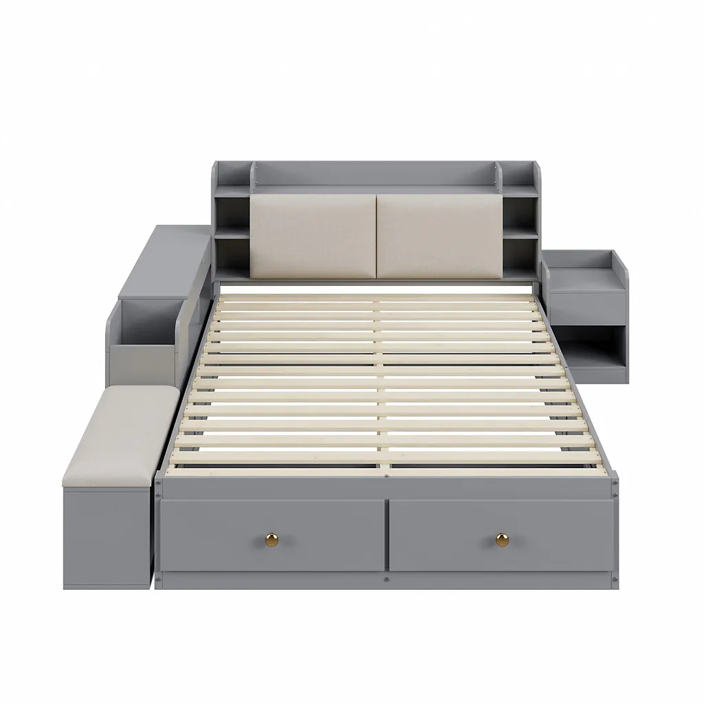 Lit double combiné gain de place 140x200, bois gris avec rangements - 14