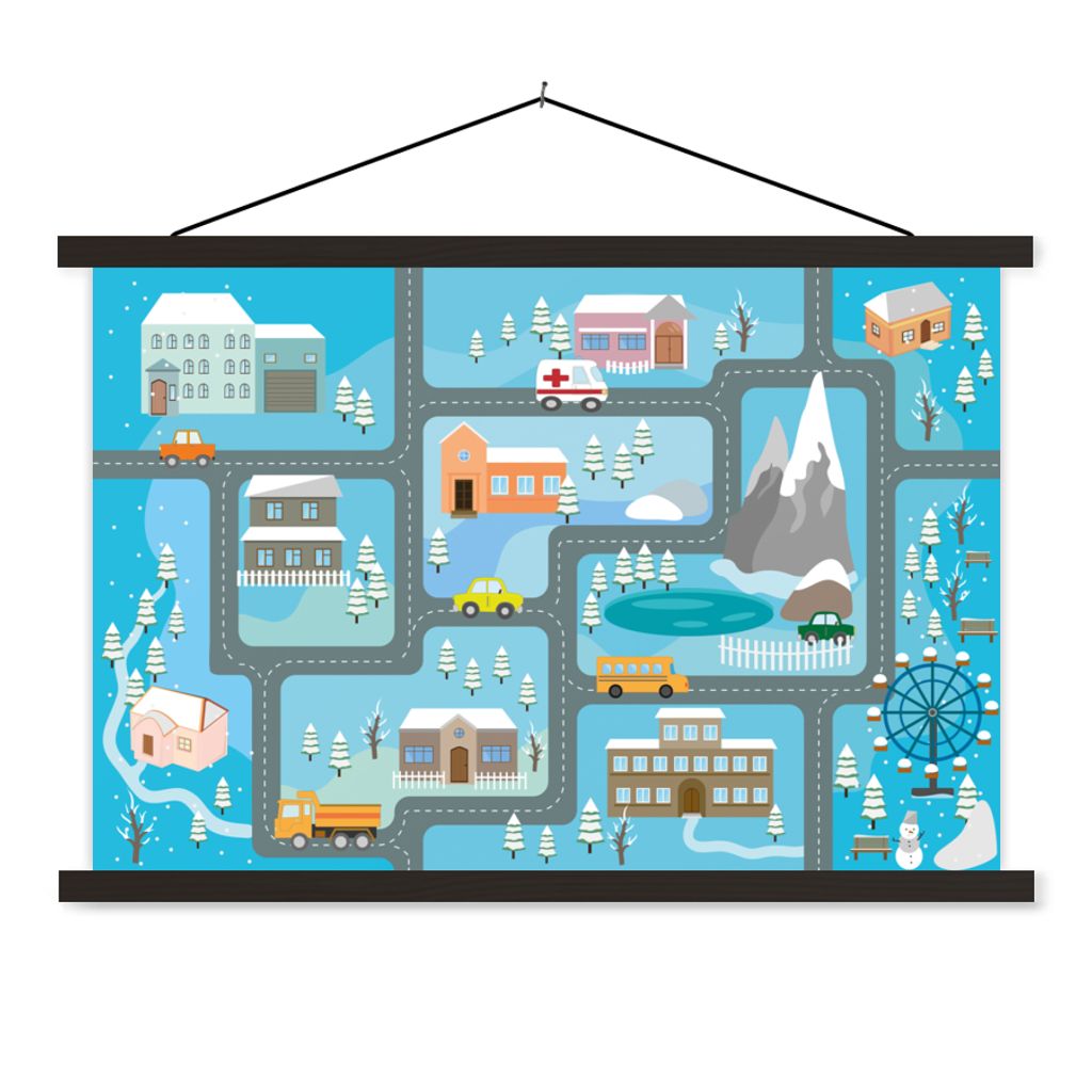 MuchoWow Textilposter Krankenwagen - Schnee - Berge - Blau 90x60 cm mit schwarzem Rahmen - Aufhängungssatz