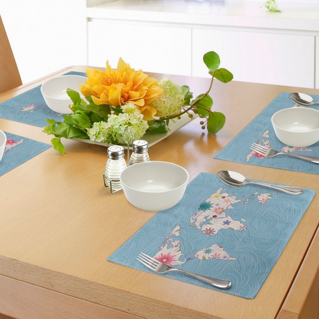ABAKUHAUS Blumen Weltkarte Platzmatten, Karte mit Blumenblüten Kontinent Zahlen Ökologie Frieden Natur Design, Tiscjdeco aus Farbfesten Stoff fü...